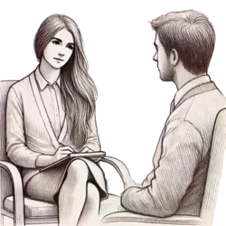 Ilustración de una psicóloga (representando a Jessica Serrano) en consulta escuchando a un paciente. Representa cómo la terapia ayuda a ente